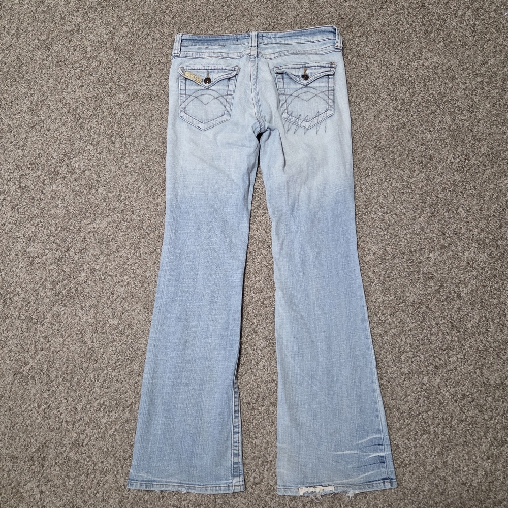 VTG LEI Women's y2k Low Rise Hip Hugger Yellow Flower‎ Stitch Flared Jeans 31x32 - Picture 8 of 16